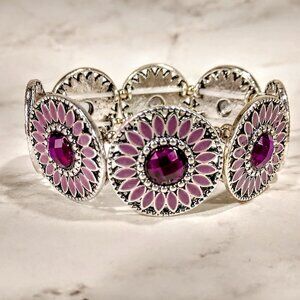 Purple flower stretch bracelet with painted flowers and purple crystals
